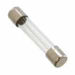 Product photograph of a 5 by 20 mm glass cartridge fuse with metal end caps and a visible internal filament.
