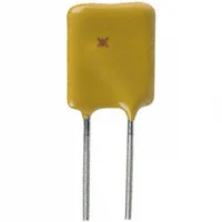 Product photograph of a yellow radial-leaded PPTC resettable fuse with two tinned wire leads.