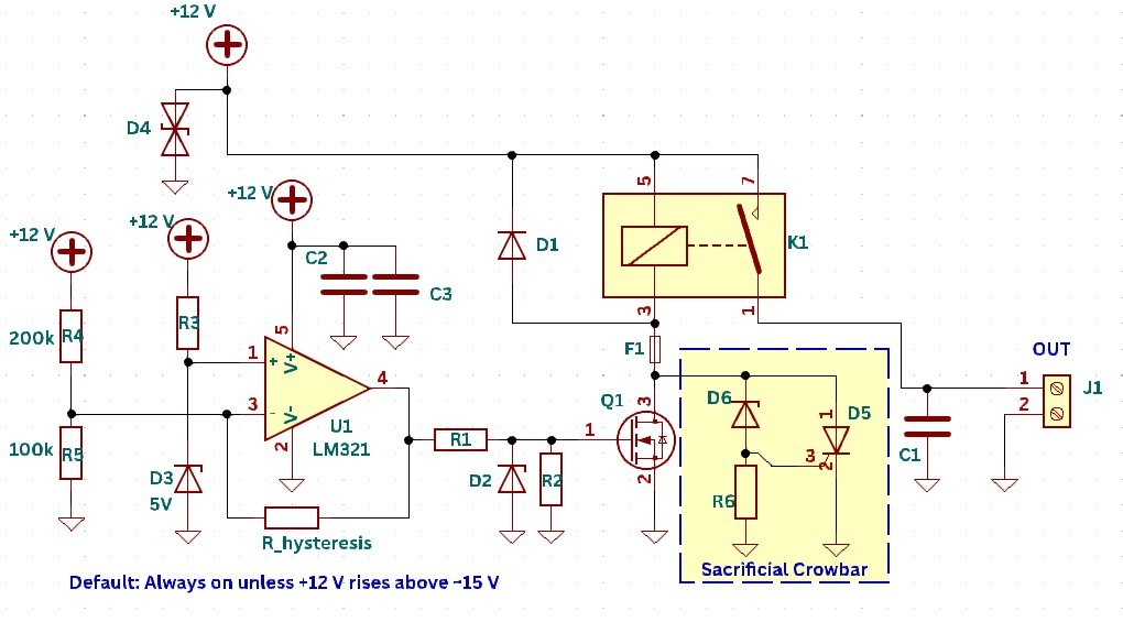 Relay-based OVP Circuit with a fail-safe sacrificial crowbar circuit