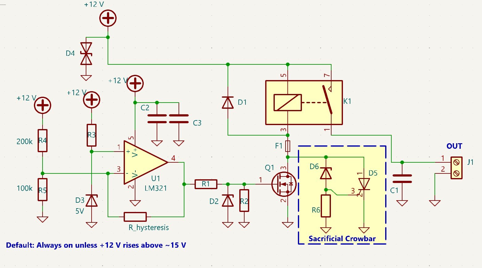 Relay-based OVP Circuit with a fail-safe sacrificial crowbar circuit