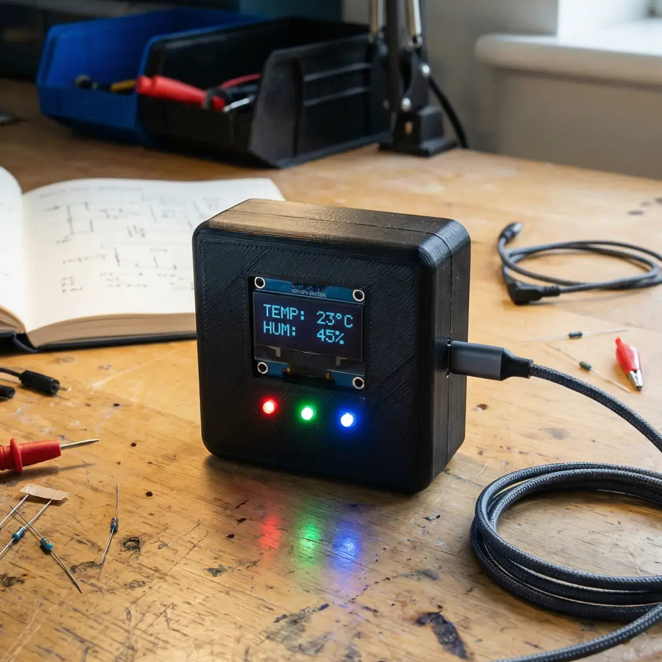 3D-printed hardware product with display and USB-C charging