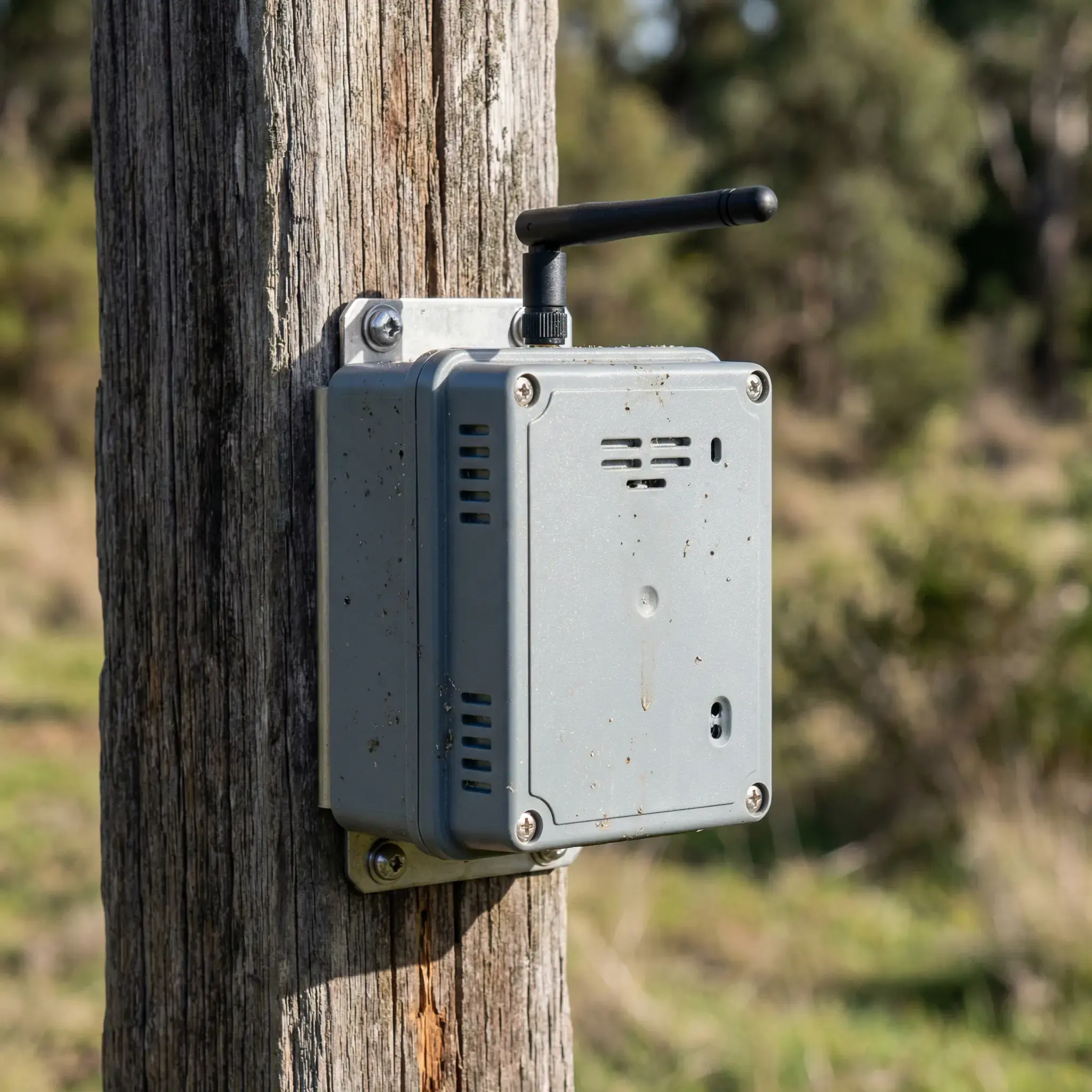 Battery-powered environmental monitoring sensor mounted outdoors