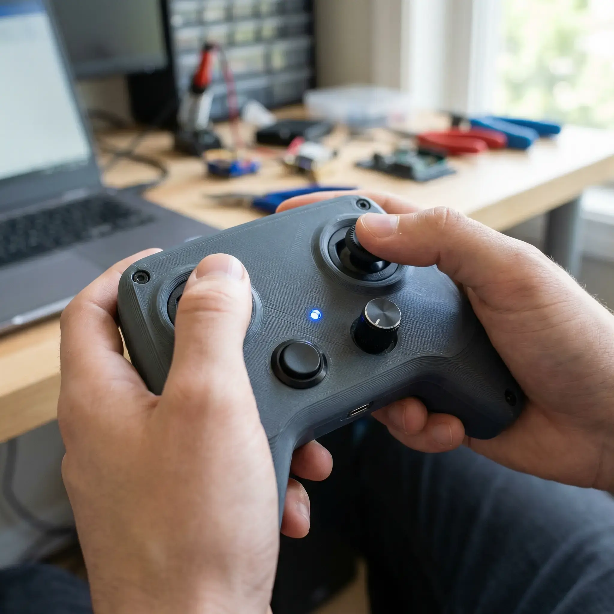 Handheld robot controller with joysticks and USB-C charging