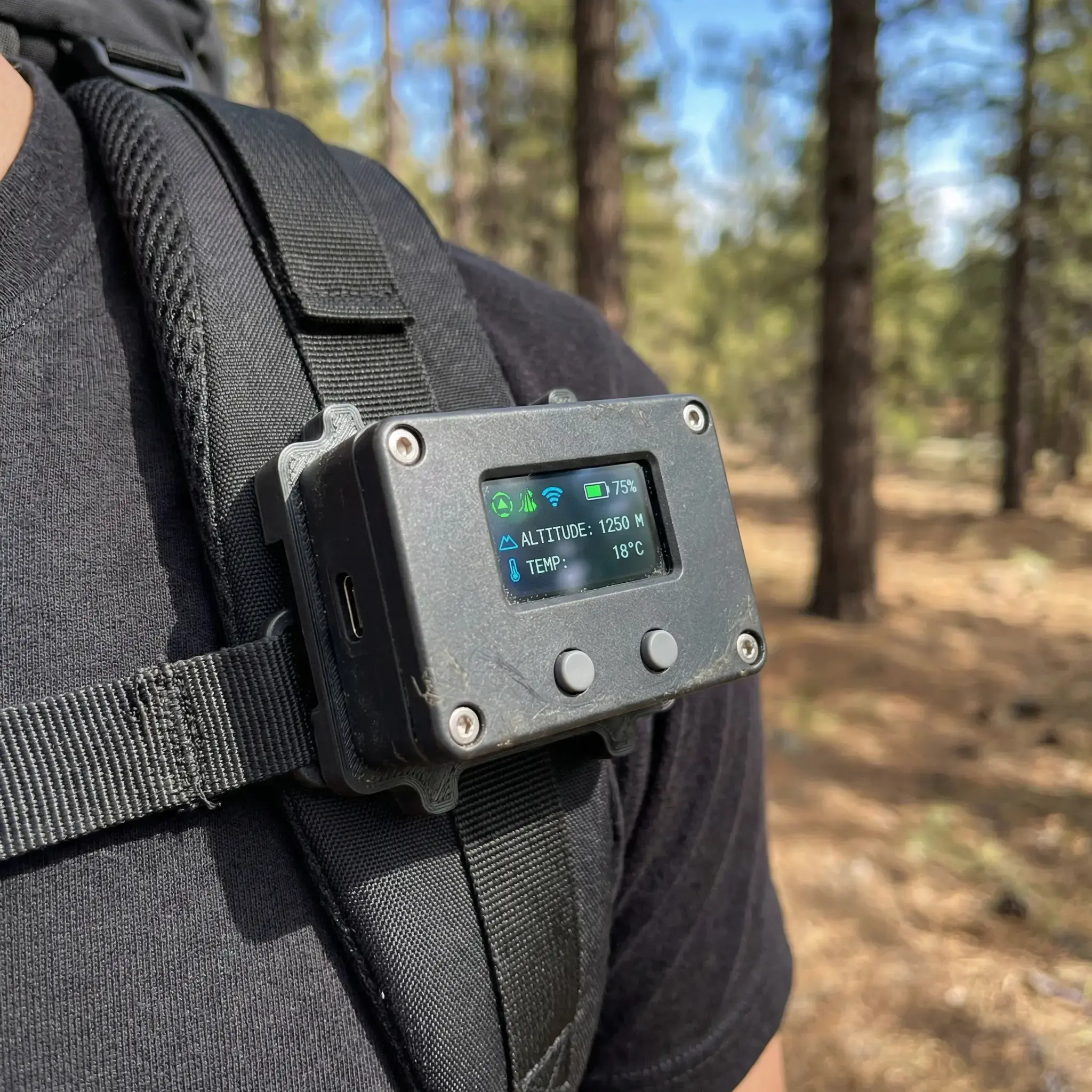 Wearable device with display mounted on a backpack strap